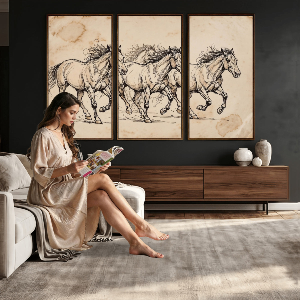 18242163-MGV-CV-36X24 - Vintage Horse Sketch Canvas Wall Art, Wild Horses Pencil Drawing Print, Antique Parchment Western Decor, Equine Sketching, Country Manor Gift