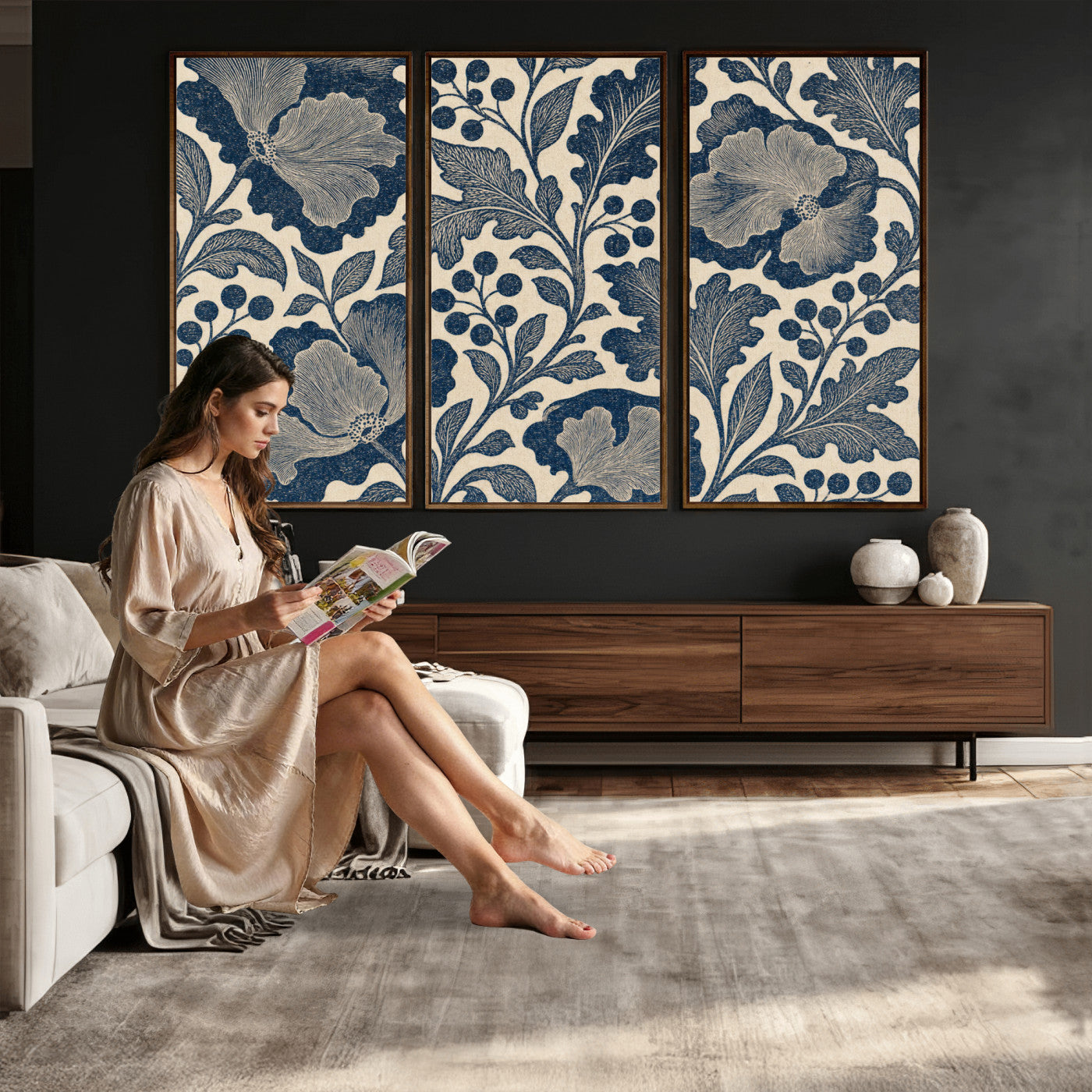 23824002-MGV-CV-36X24 - William Morris Style Navy Blue Floral Wall Art Canvas Print, Vintage Cream Botanical Painting Print