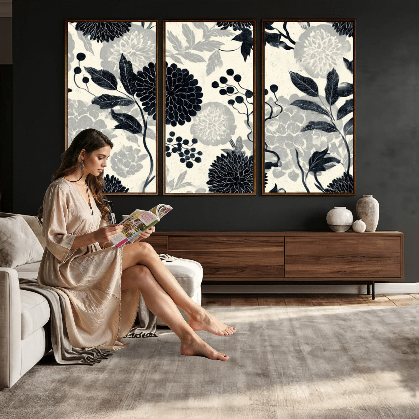 61524791-MGV-CV-36X24 - Vintage Black Chrysanthemum Wall Art Canvas Print, Monochrome Dhalia Floral Painting Print
