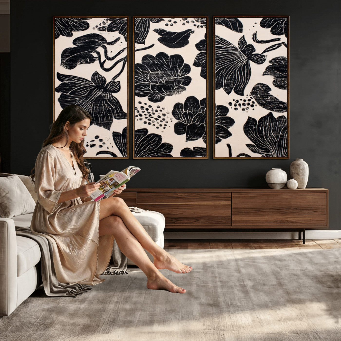 81787117-MGV-CV-36X24 - Linocut Black Lotus Floral Wall Art Canvas Print, Vintage Monochrome Botanical Painting Print