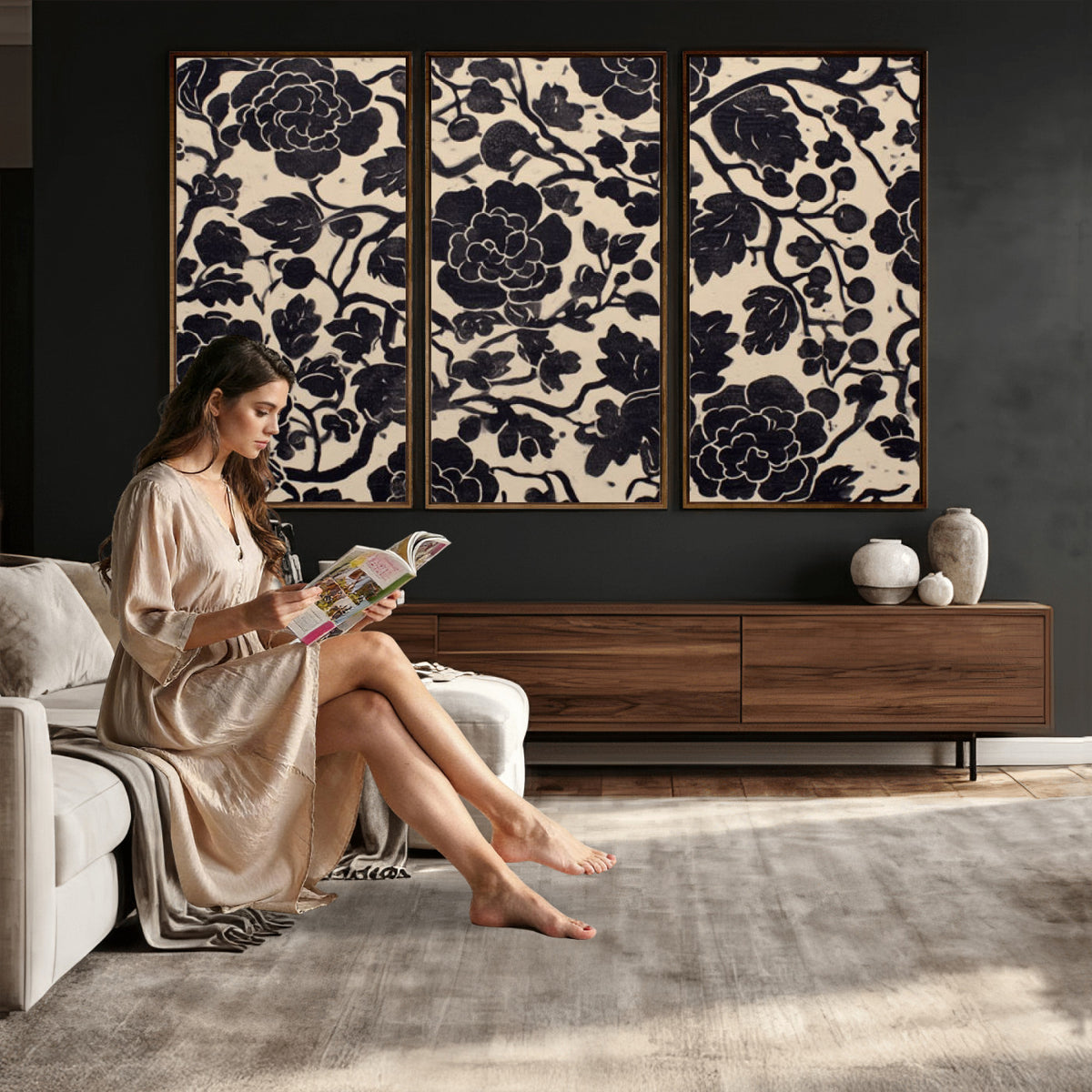 86696255-MGV-CV-36X24 - Vintage Black and Cream Floral Wall Art Canvas Print, Chinoiserie Botanical Painting Print