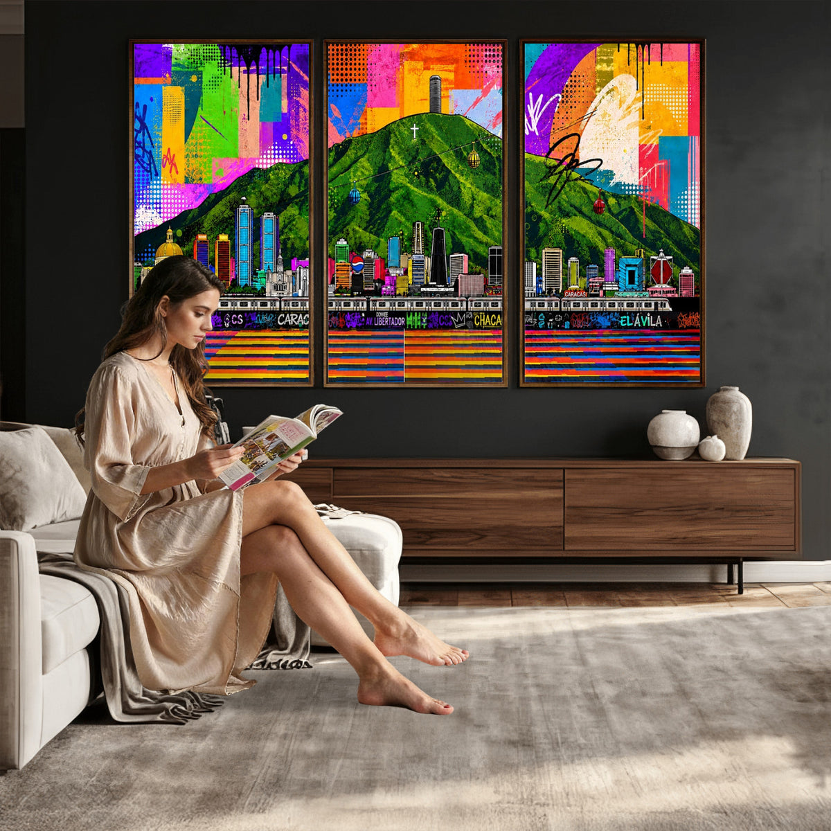 86696255-MGV-CV-36X24 - Mount Ávila, Caracas, Venezuela Wall Art Print by Artist Yorlette - Graffiti Caracas Skyline Canvas Art, Colorful Street Artwork - Venezuela El Avila Poster Print