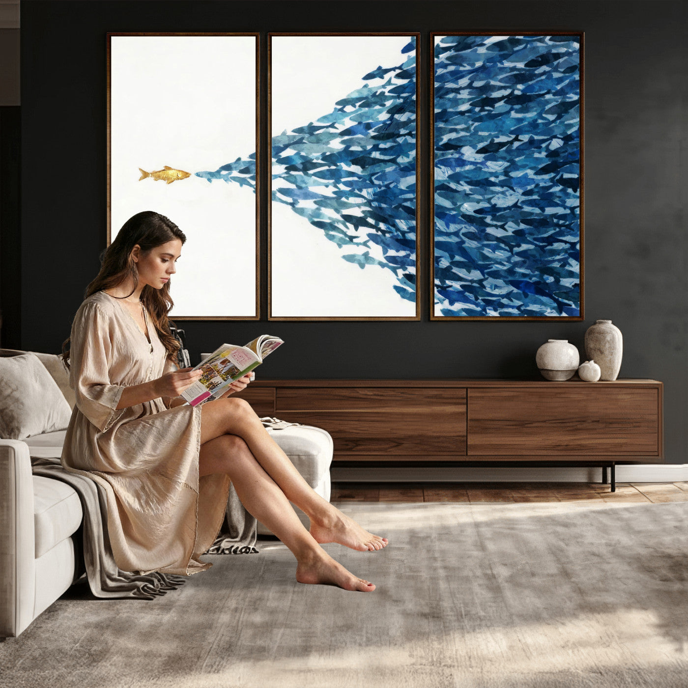79089639-MGV-CV-36X24 - Abstract Blue Fish School Canvas Wall Art, Gold Foil Accent Marine Print