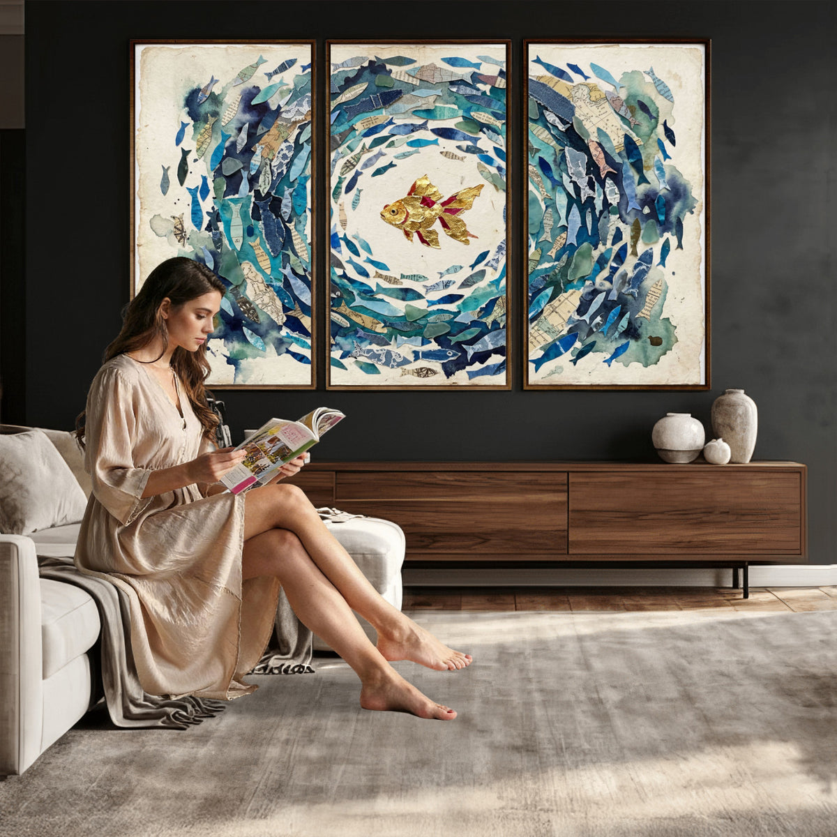 73165663-MGV-CV-36X24 - Mixed Media Blue Fish Swirl Canvas Wall Art, Goldfish Collage Ocean Print