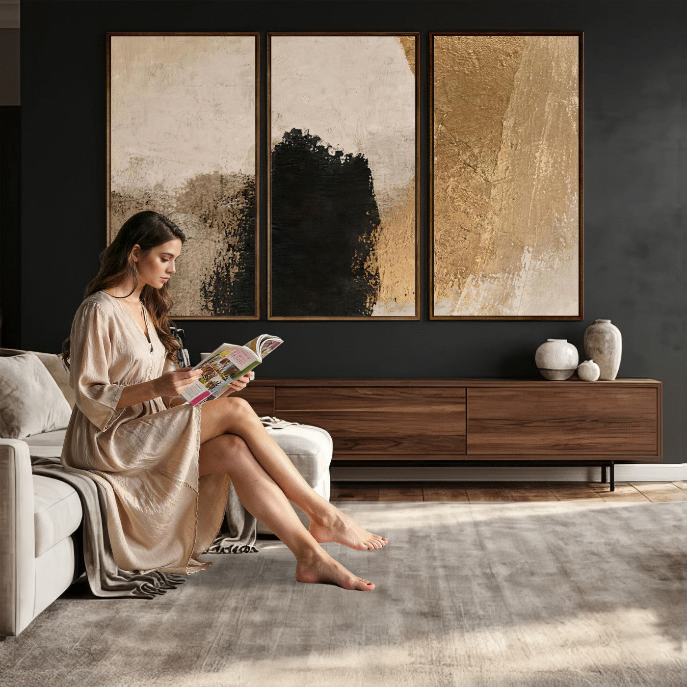 36003778-MGV-CV-48X32-3P - Mid Century Modern Geometric Canvas Wall Art, Abstract Triptych Print