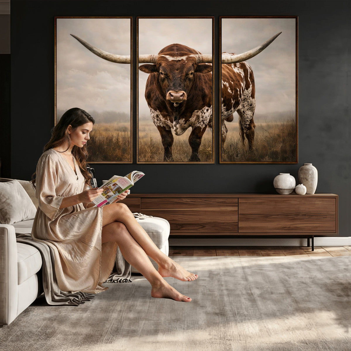 25239047A-MGV-CV-36X24 - Texas Longhorn Canvas Wall Art Western Bull Desert Moody Grey Overcast Rustic Farmhouse Framed Large for Living Room Bedroom Office Decor