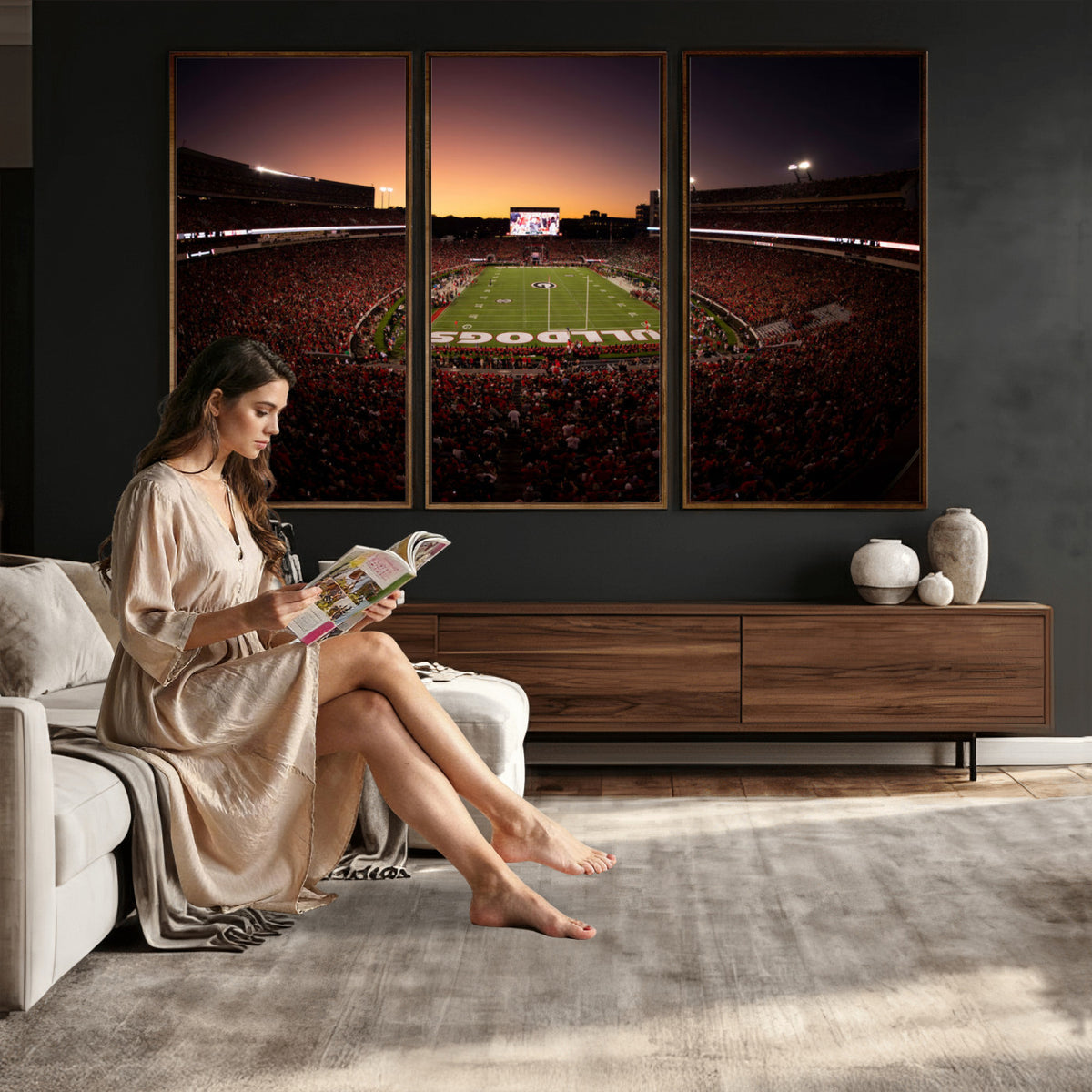 97720998-_Poster-30x20 - Georgia Bulldogs Stadium Sunset Canvas Print 3 Piece Framed Wall Art Extra Large Floating Frame Sports Poster Made in USA