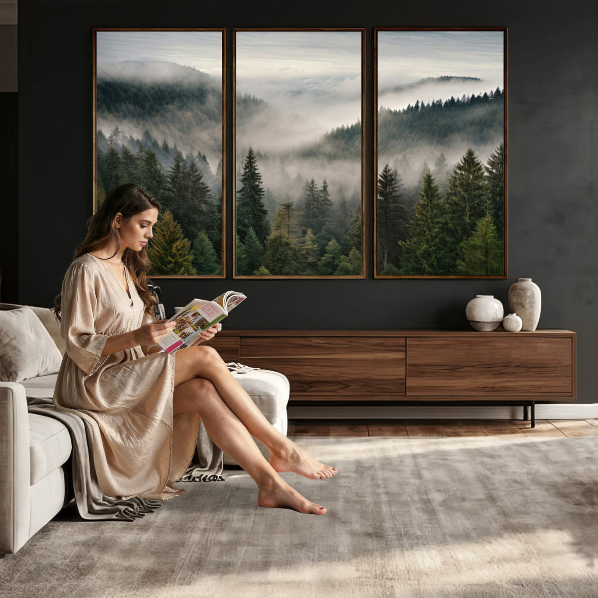 38409495-_Poster-30x20 - Misty Pine Valley Mountain Canvas Print 3 Piece Framed Wall Art Extra Large Floating Frame Nature Poster Made in USA