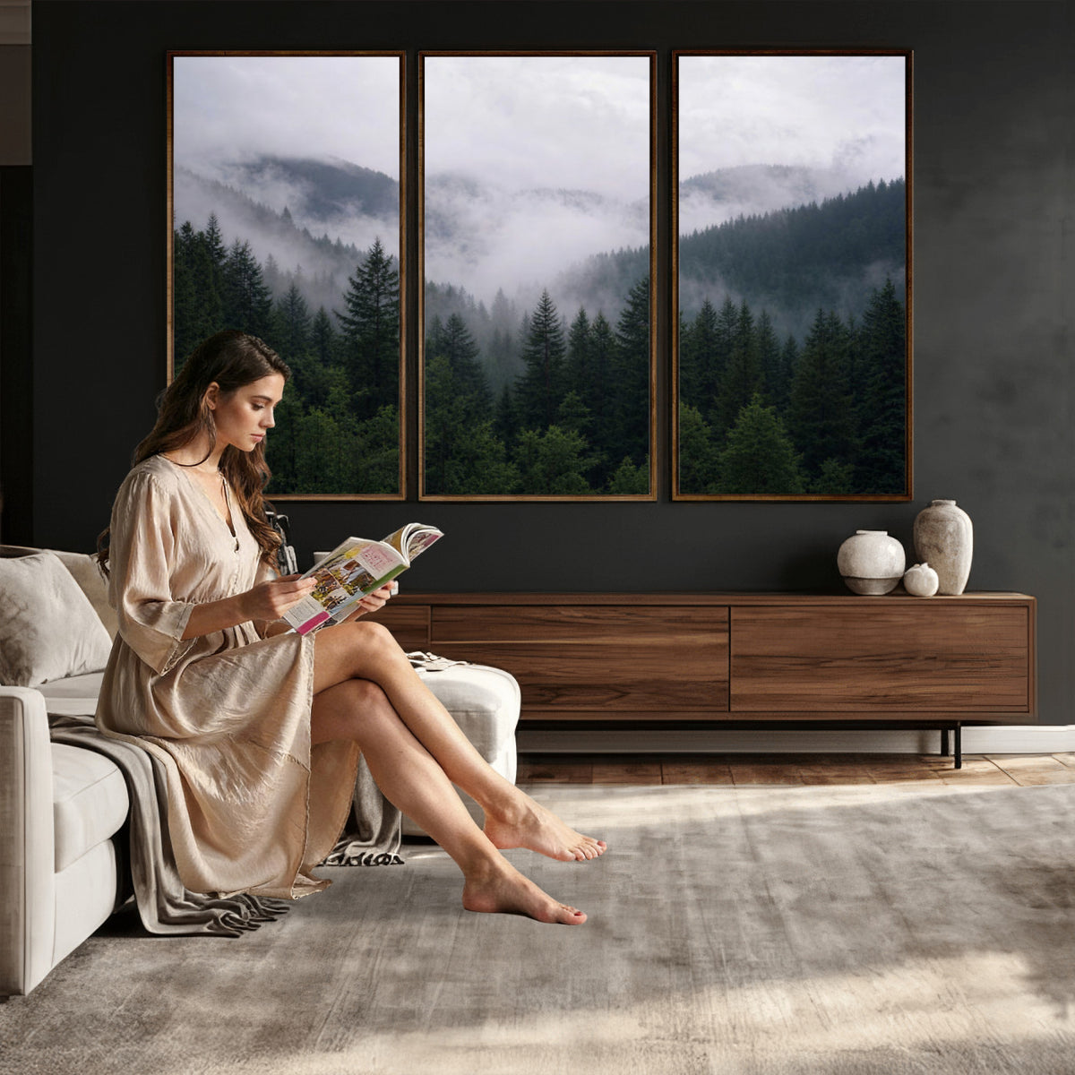 25432119-_Poster-30x20 - Misty Mountain Pine Forest Canvas Print 3 Piece Framed Wall Art Extra Large Floating Frame Nature Poster Made in USA