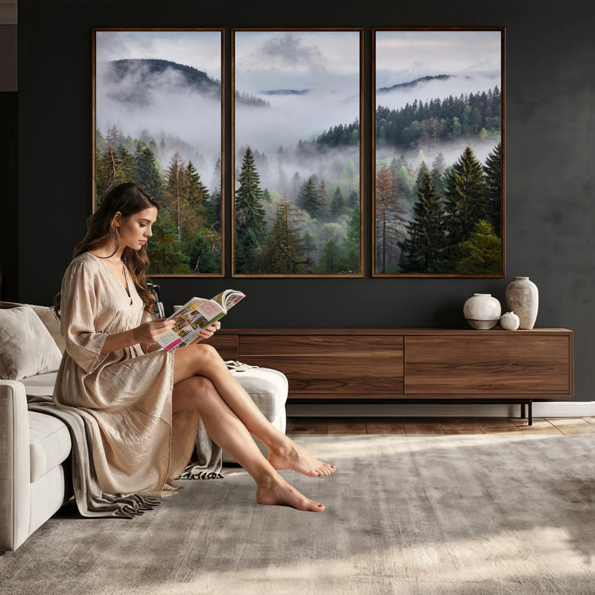 18735847-_Poster-30x20 - Foggy Pine Forest Mountain Canvas Print 3 Piece Framed Wall Art Extra Large Floating Frame Nature Poster Made in USA