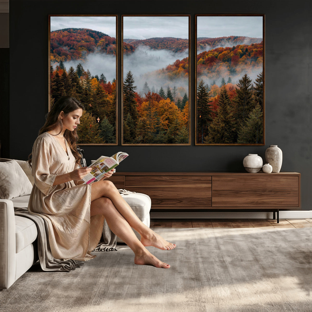 26686263-_Poster-30x20 - Misty Autumn Forest Mountain Canvas Print 3 Panel Wall Art Gallery Wrapped Floating Frame Poster Made in USA