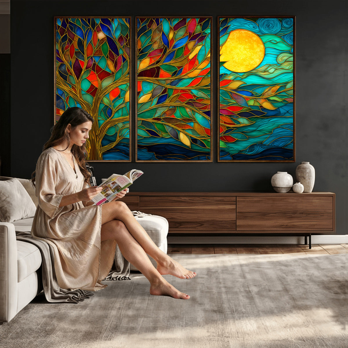 11877152-MGV-CV-36X24 - Stained Glass Tree Of Life Wall Art - Vibrant Mosaic Nature Home Decor