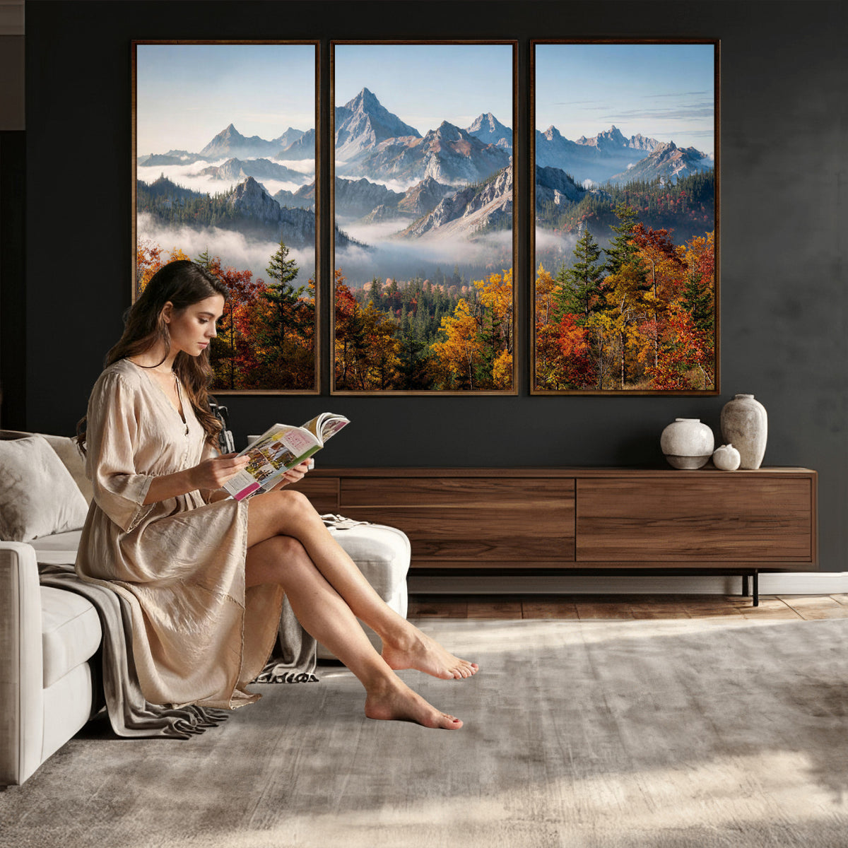 38847944-MGV-TP-30X20 - Majestic Mountain Peak Canvas Wall Art - Panoramic Autumn Forest Fog Landscape Print