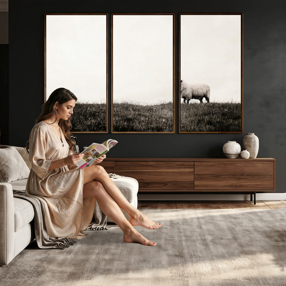 72749448-MGV-TP-30X20 - Minimalist Sepia Sheep Canvas Wall Art - Rustic Farmhouse Country Landscape Print