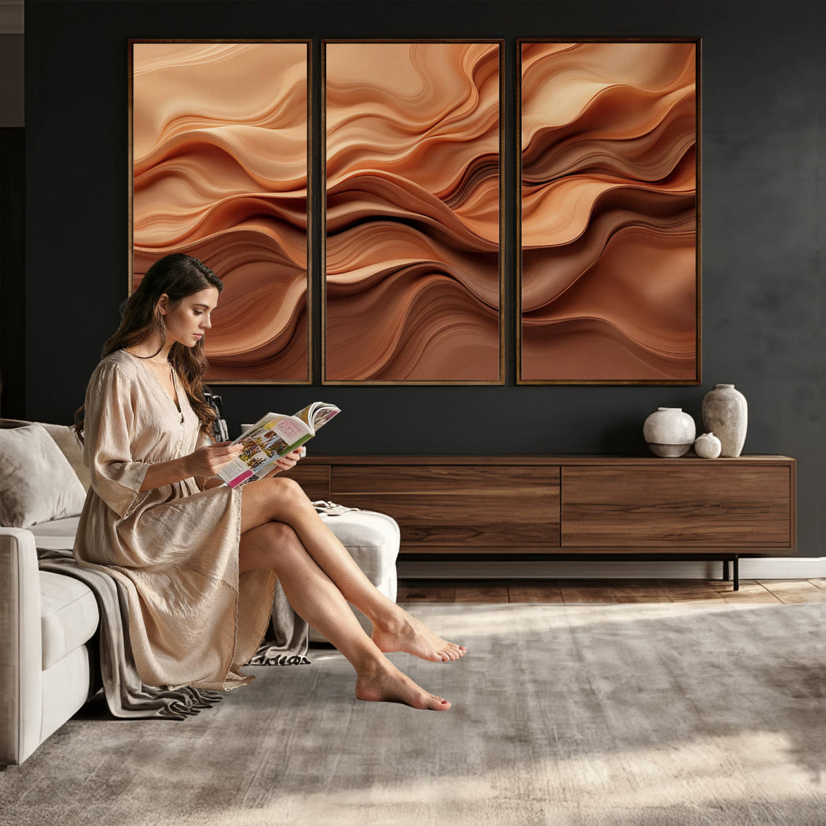 82230697-MGV-CV-36X24 - Modern Abstract Fluid Waves Canvas Wall Art - Minimalist Warm Terracotta Beige Sand Print