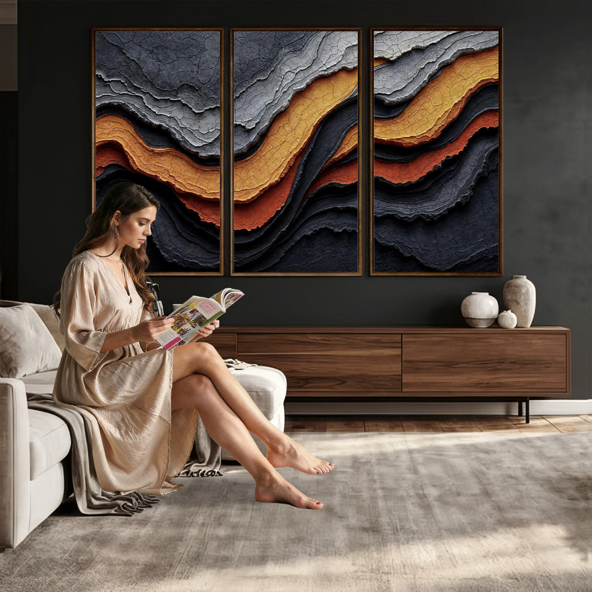 59852489-MGV-CV-36X24 - Abstract Waves Canvas Wall Art - Modern Terracotta and Charcoal Gray Print