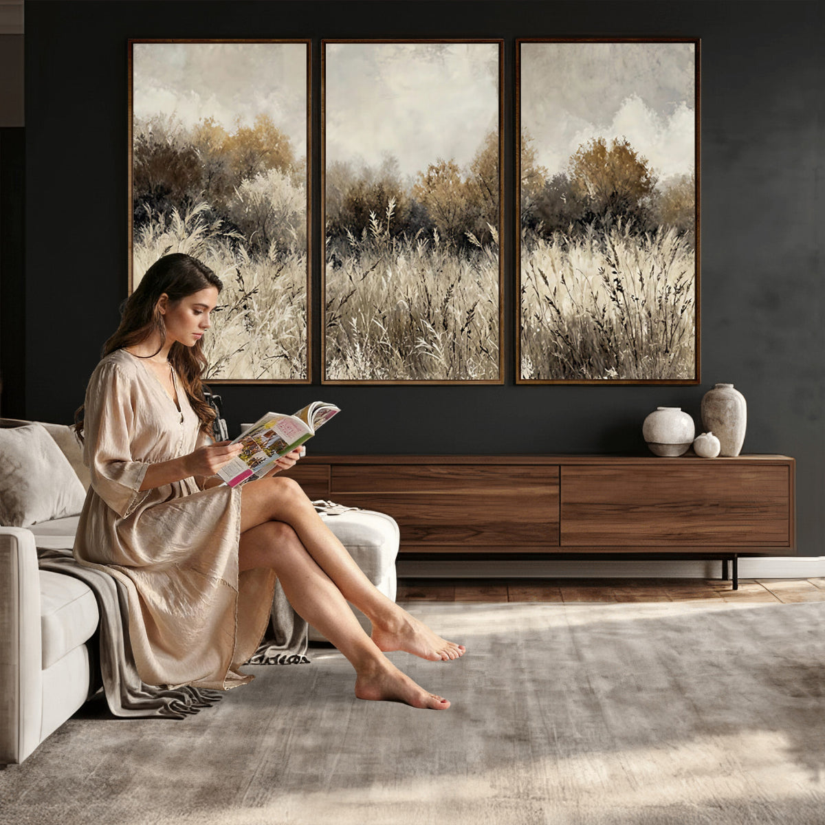 53959945-MGV-TP-30X20 - Muted Neutral Forest Landscape Canvas Wall Art - Vintage Rustic Wildflower Meadow Print