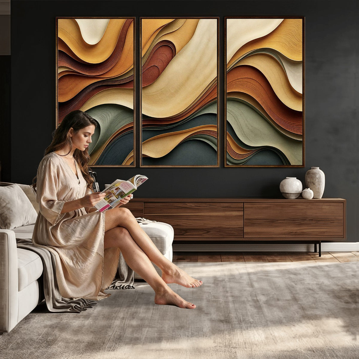 19337902-_Poster-30x20 - Modern Abstract Waves Canvas Wall Art - Minimalist Earthy Tone Living Room Decor