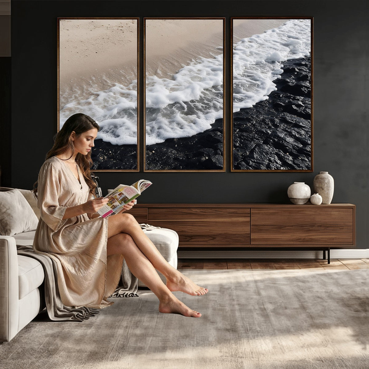 27448606-MGV-CV-24X16 - Ocean Wave Foam on Black Lava Rock Beach Canvas Wall Art Print