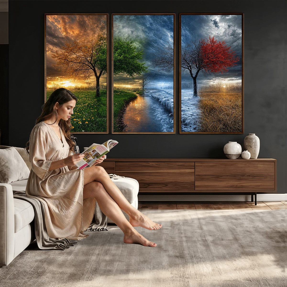 61895574-MGV-CV-24X16 - Four Seasons Tree Canvas Wall Art, Nature Landscape Canvas Print for Living Room
