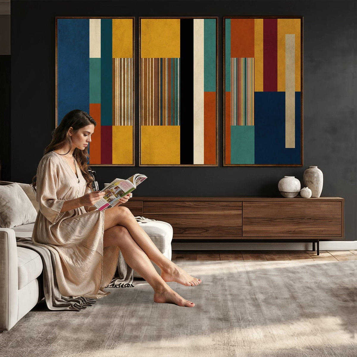 53992657-MGV-CV-48X32-3P - Mid Century Abstract Color Block Canvas Wall Art, Geometric Striped Canvas Print