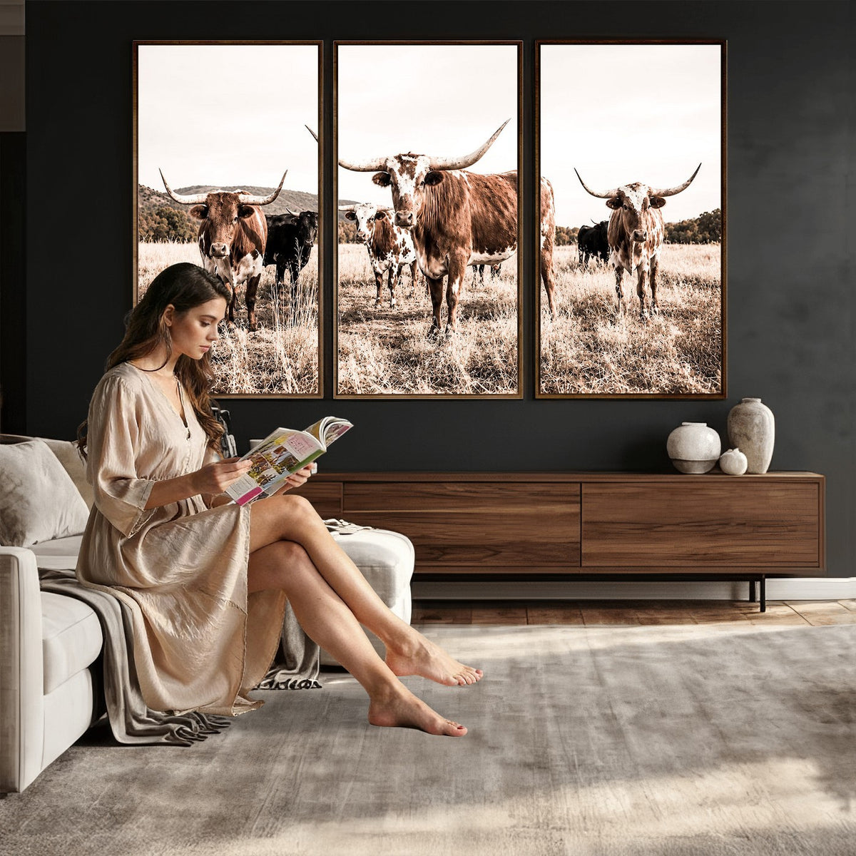 25234808-MGV-CV-48X32-3P - Texas Longhorn Cattle Canvas Wall Art, Western Ranch Home Decor