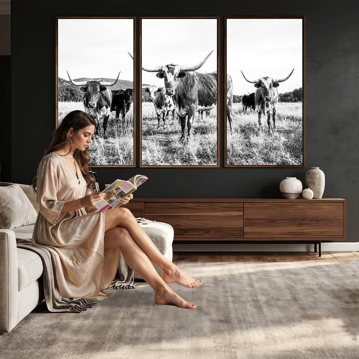 73228277-MGV-CV-48X32-3P - Black and White Longhorn Cattle Canvas Print, Western Ranch Wall Decor