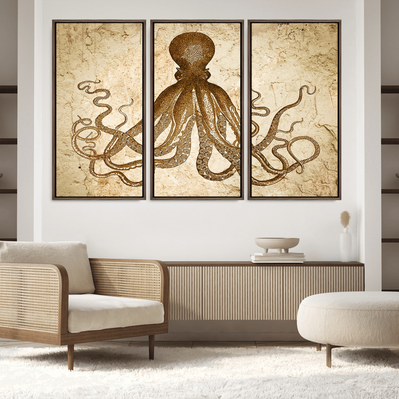 96154-MGV-FC-60X40-3P_Walnut-Sepia Octopus Wall Art Abstract Animal Canvas Print