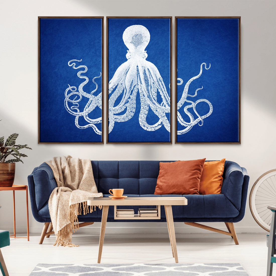 Large 3-Panel Blue Octopus Canvas Wall Art | Coastal Marine Life Art