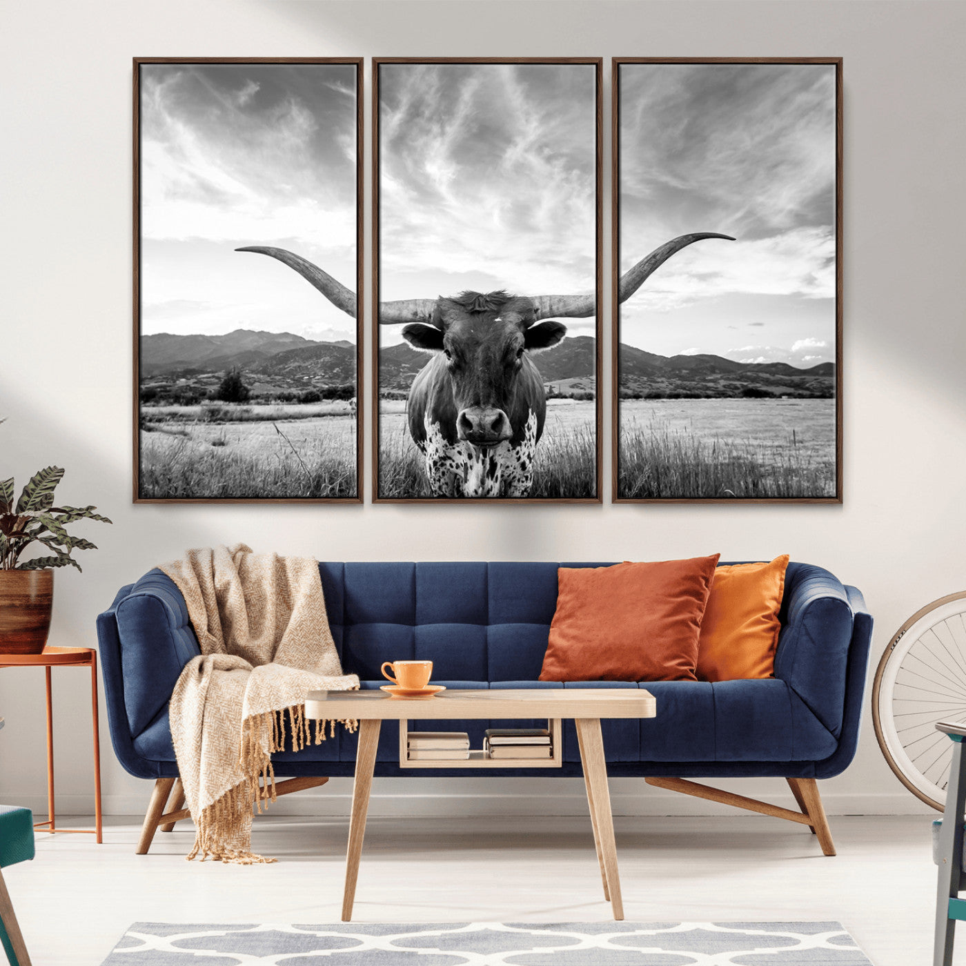 MGV-FC-48X32-3P - Longhorn Cow Wall Art Canvas Print Farmhouse Wall Art - Texas Longhorn Wall Art Print