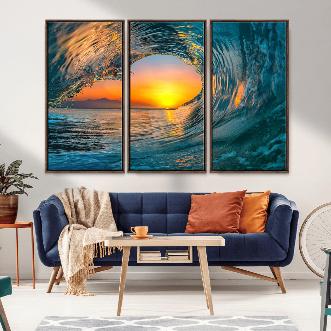 MGV-FC-48X32-3P - Ocean Wave Sunset Wall Art | Large Coastal Wave Canvas Print | 3-Panel Ocean Sunset Seascape for