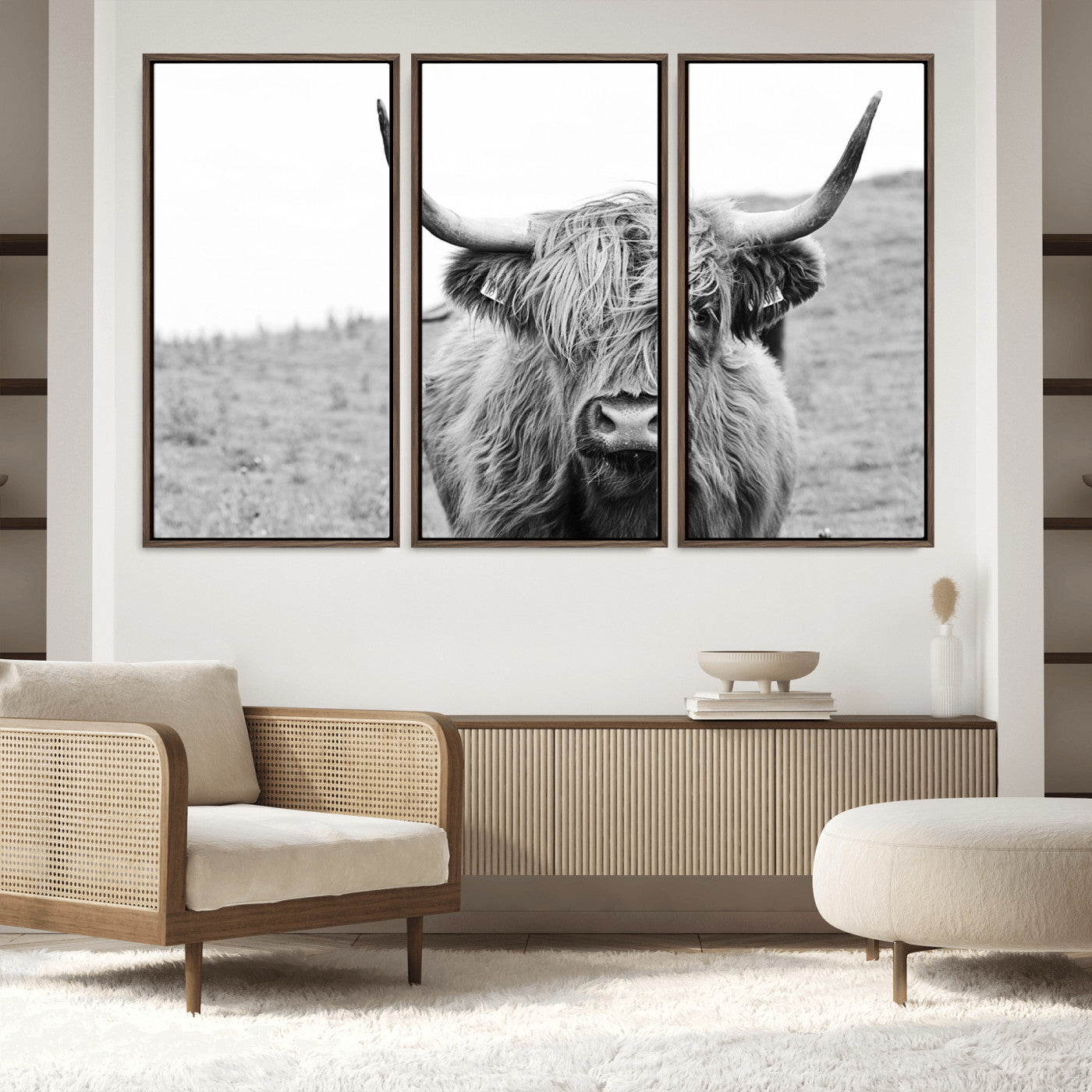 16248-MGV-FC-48X32-3P_Walnut-Newfoundland Cow Art Wall Art, Black White Cow Art Wall Art Canvas Print