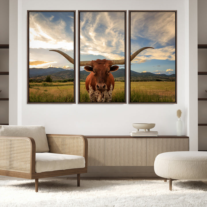 Texas Longhorn Canvas Wall Art – Majestic Triptych Animal Print – Rustic Western Decor for Living Room or Office – Ready to Hang