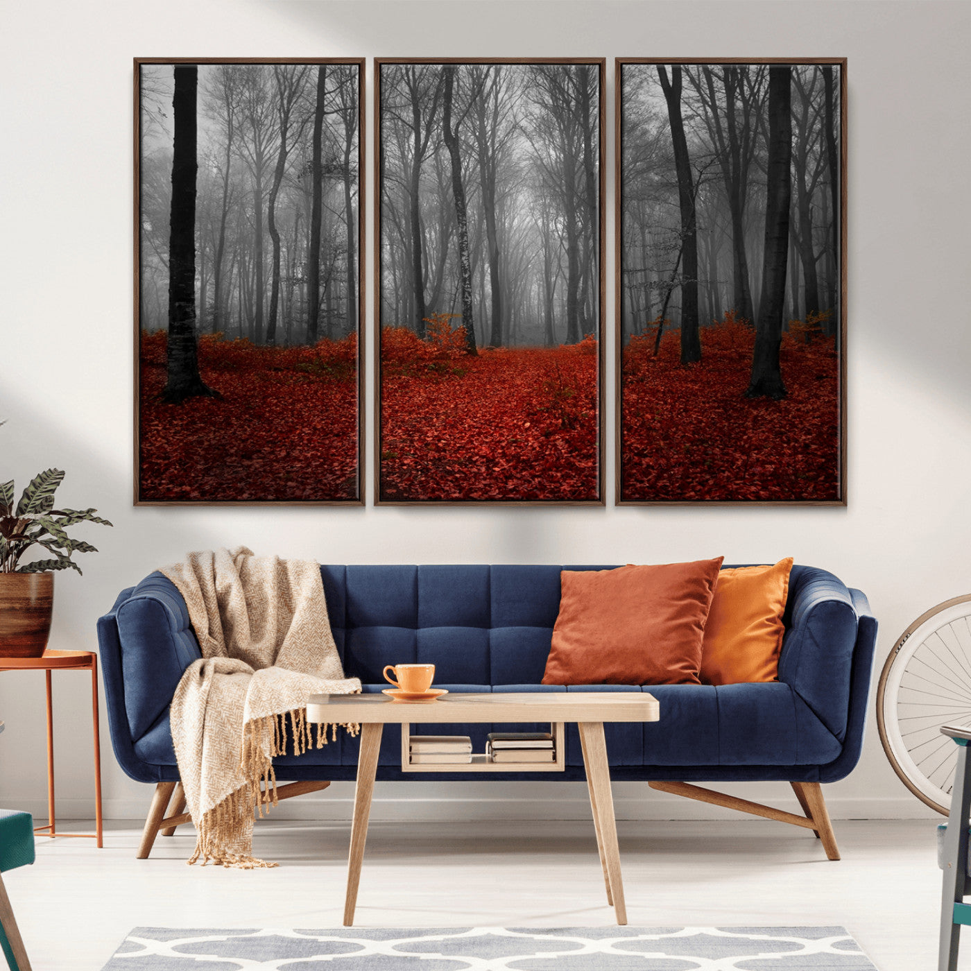 -Red Forest Floor Canvas Wall Art – Mystical Foggy Woodland Triptych – Nature-Inspired Decor for
