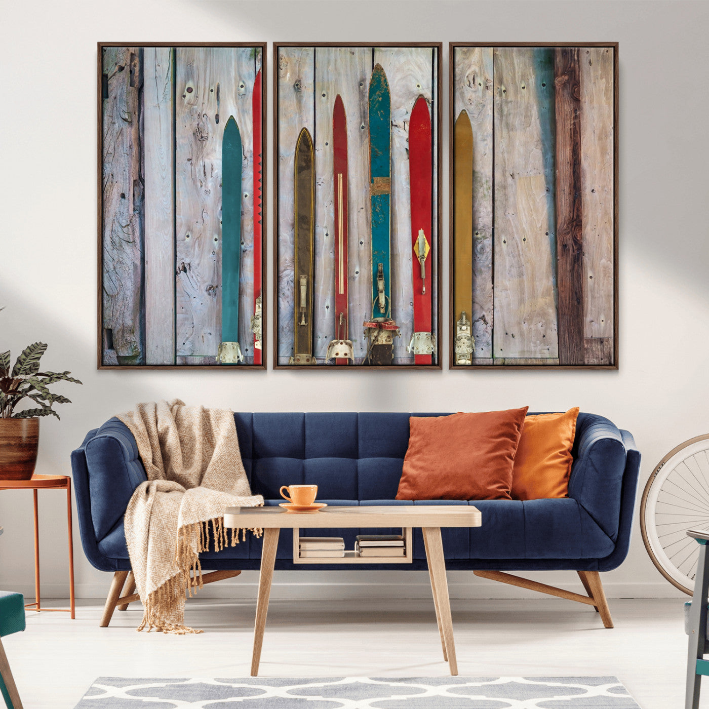 MGV-FC-48X32-3P - Vintage Wooden Weathered Ski's in Front of an Old Barn Wall Art Canvas Print for Farmhouse, Cabin