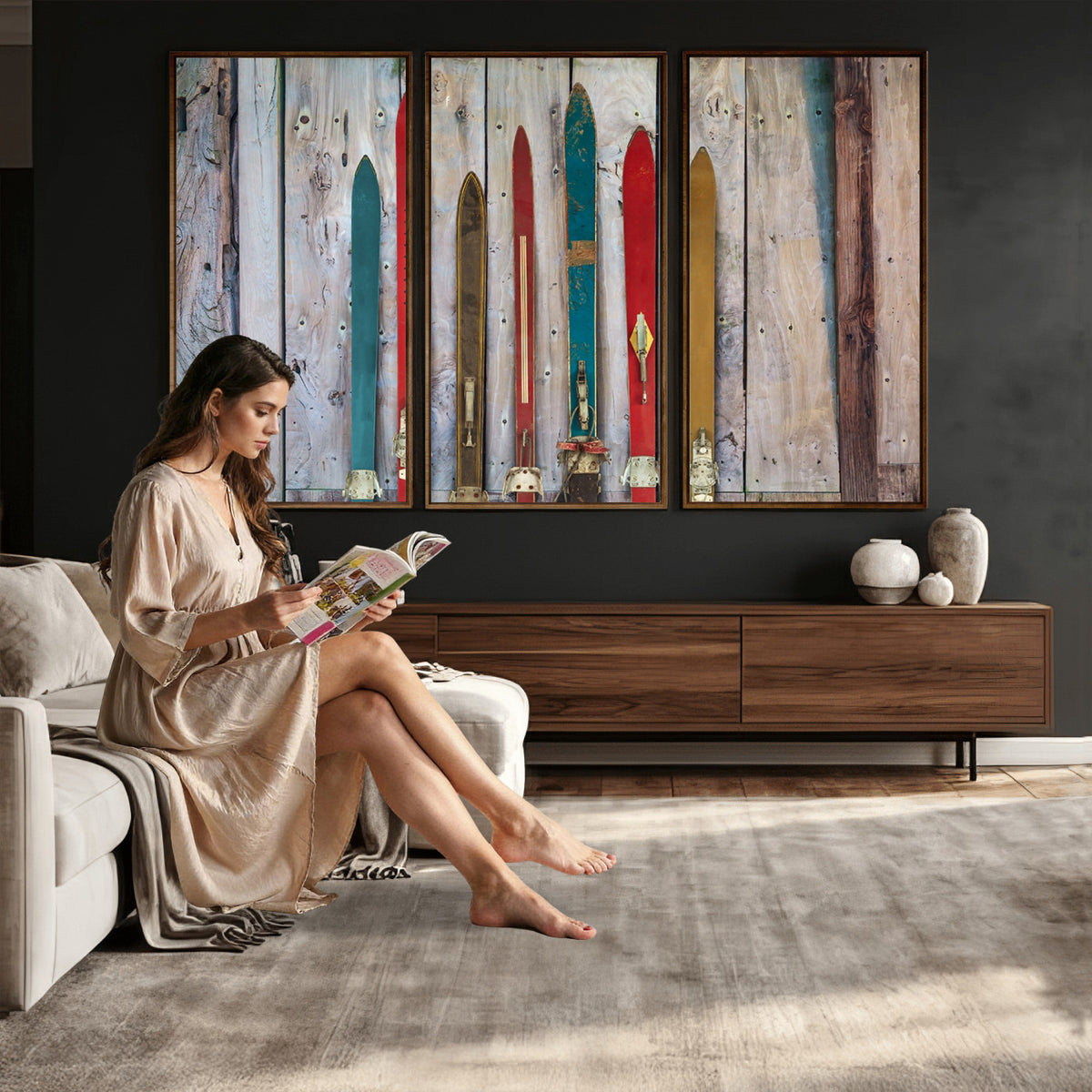 30640-MGV-CV-36X24 - Vintage Wooden Weathered Skis in Front of an Old Barn Wall Art Canvas Print