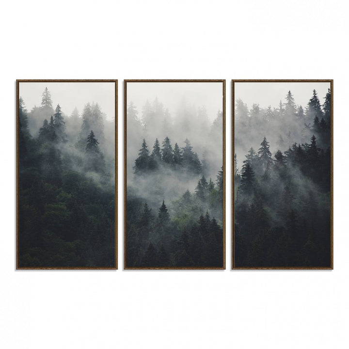 The Serene Triptych Print features tall evergreens, creating a mysterious and calming atmosphere.