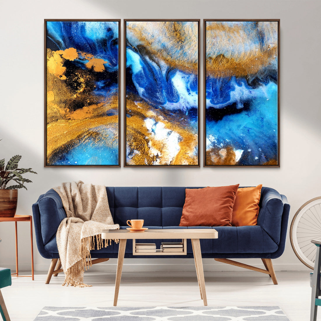 Blue Orange Marble Fluid Effect Canvas Wall Art Print