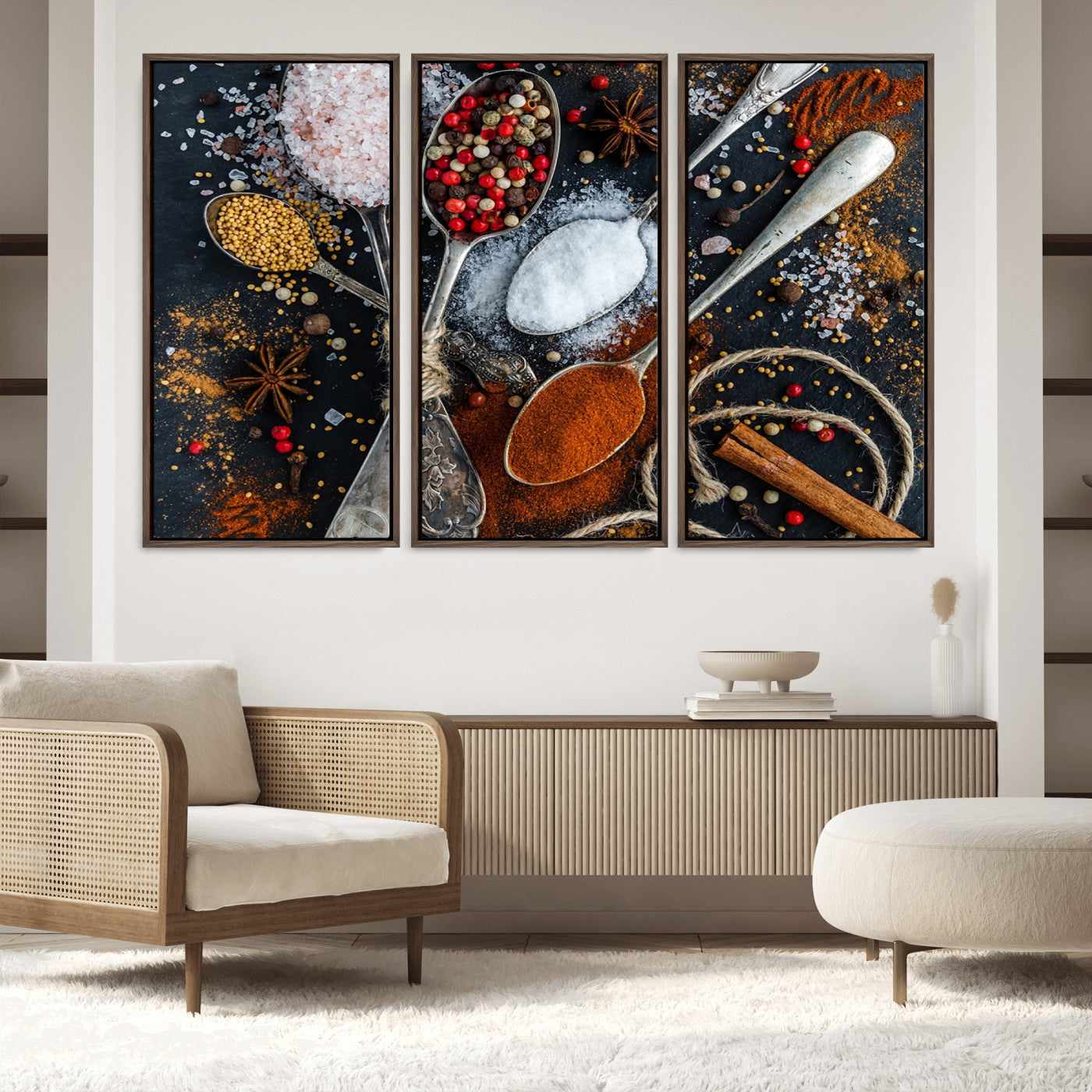 88449-MGV-FC-60X40-3P_Walnut-Spices and Seasonings Canvas Wall Art – Colorful Triptych Kitchen Decor – Culinary Art for Dining Room – Ready to Hang