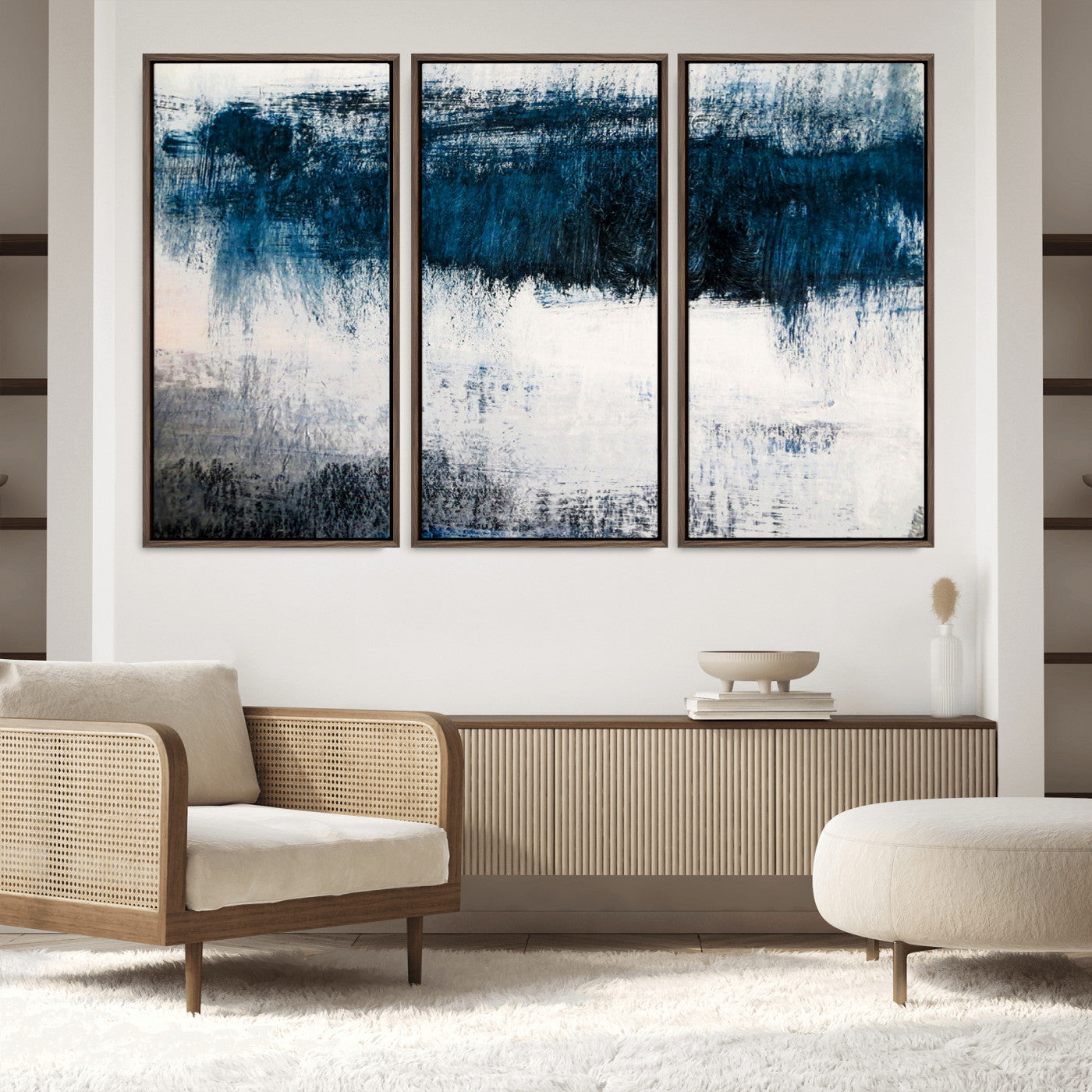 38954-MGV-FC-60X40-3P_Walnut-Abstract Blue and White Canvas Art | Large Wall Art for Modern Living Room Decor | Minimalist Brushstroke Painting on Canvas