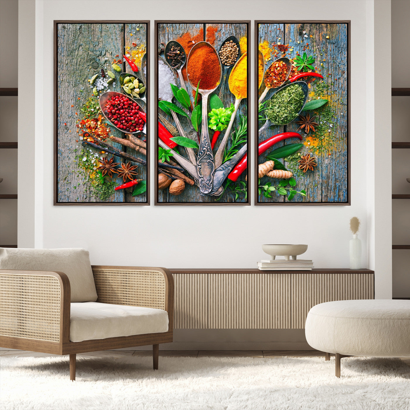 20619-MGV-FC-60X40-3P_Walnut-Spoonful of Spices Cooking Wall Art Canvas Print - Vibrant Kitchen Decor Triptych – Culinary Art Print for Dining Room or Kitchen – Ready to