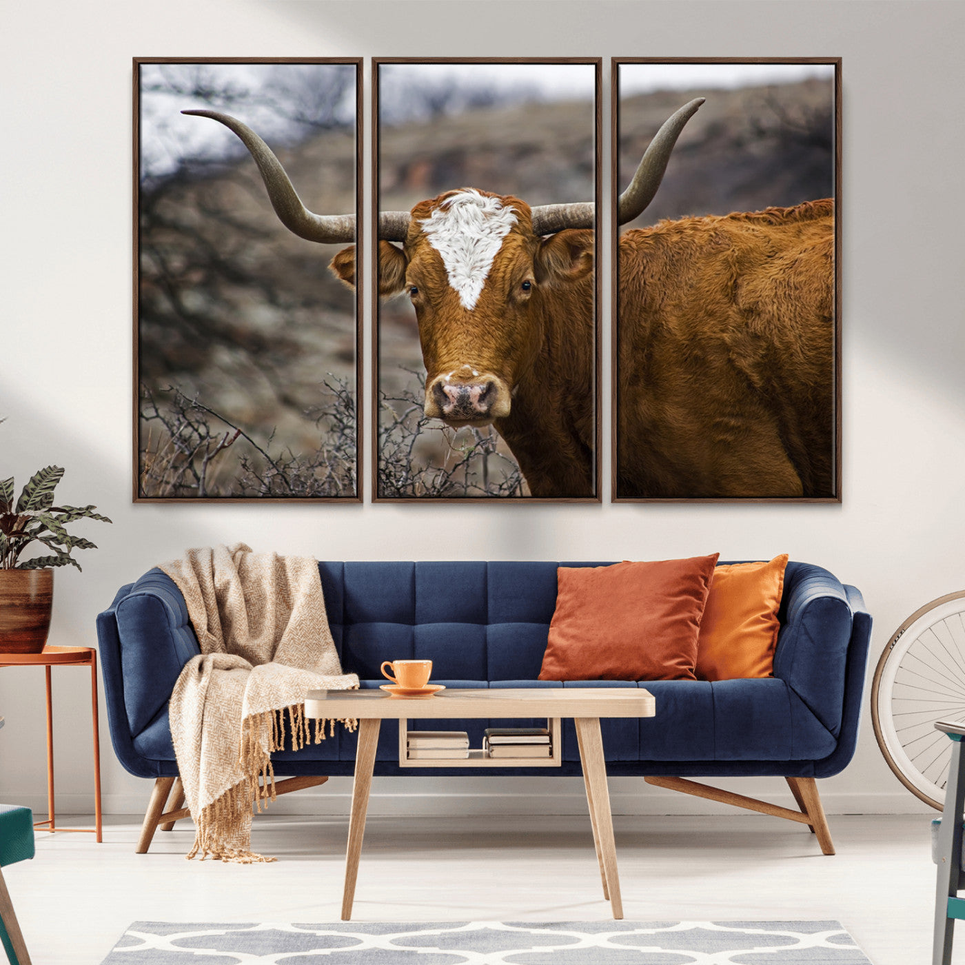 MGV-FC-48X32-3P - Texas Longhorn Canvas Wall Art - Longhorn Steer Canvas Wall Art Print- Rustic Western Animal Print,