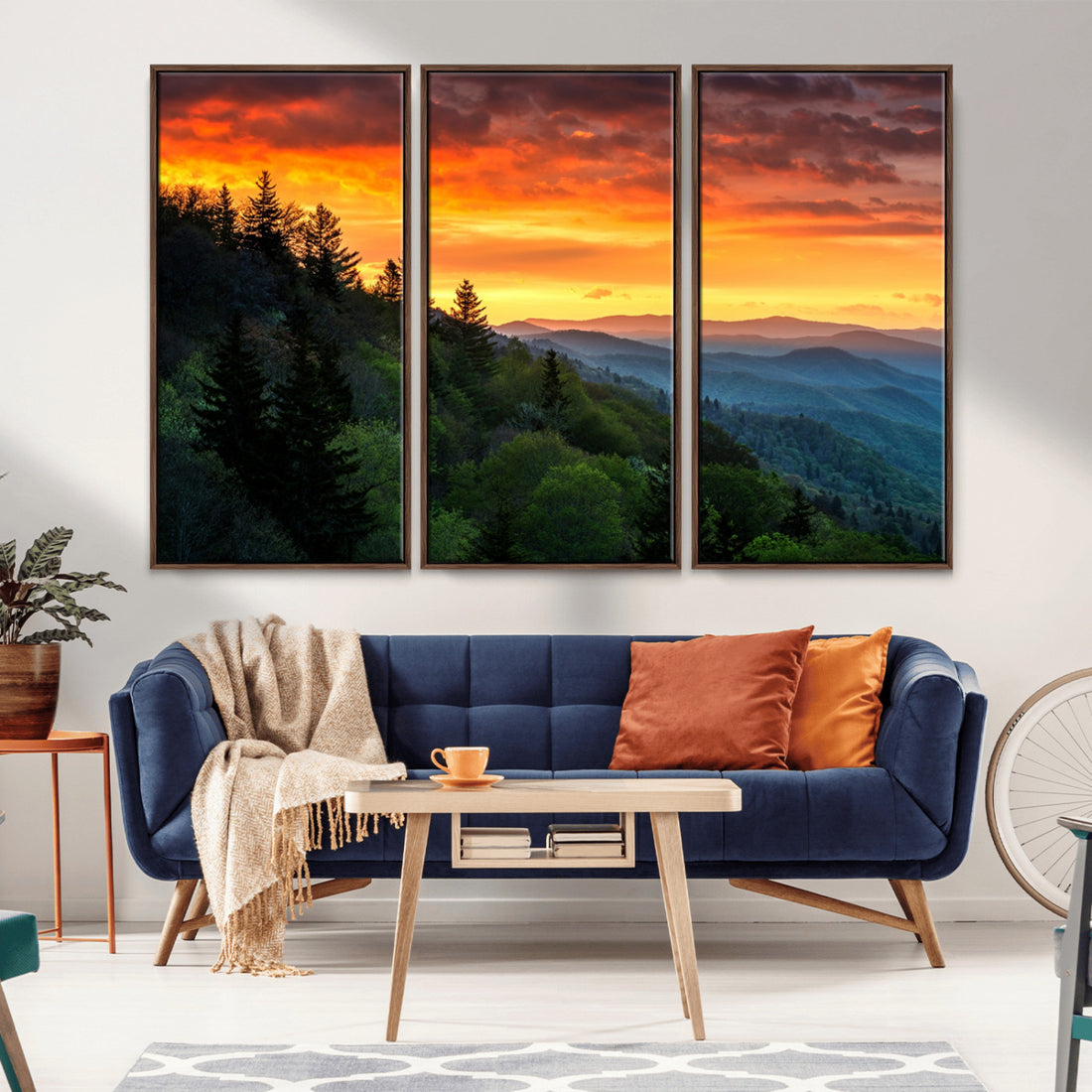 Great Smoky Mountains Sunset Wall Art Canvas Print | 3 Panel Large Nature Landscape