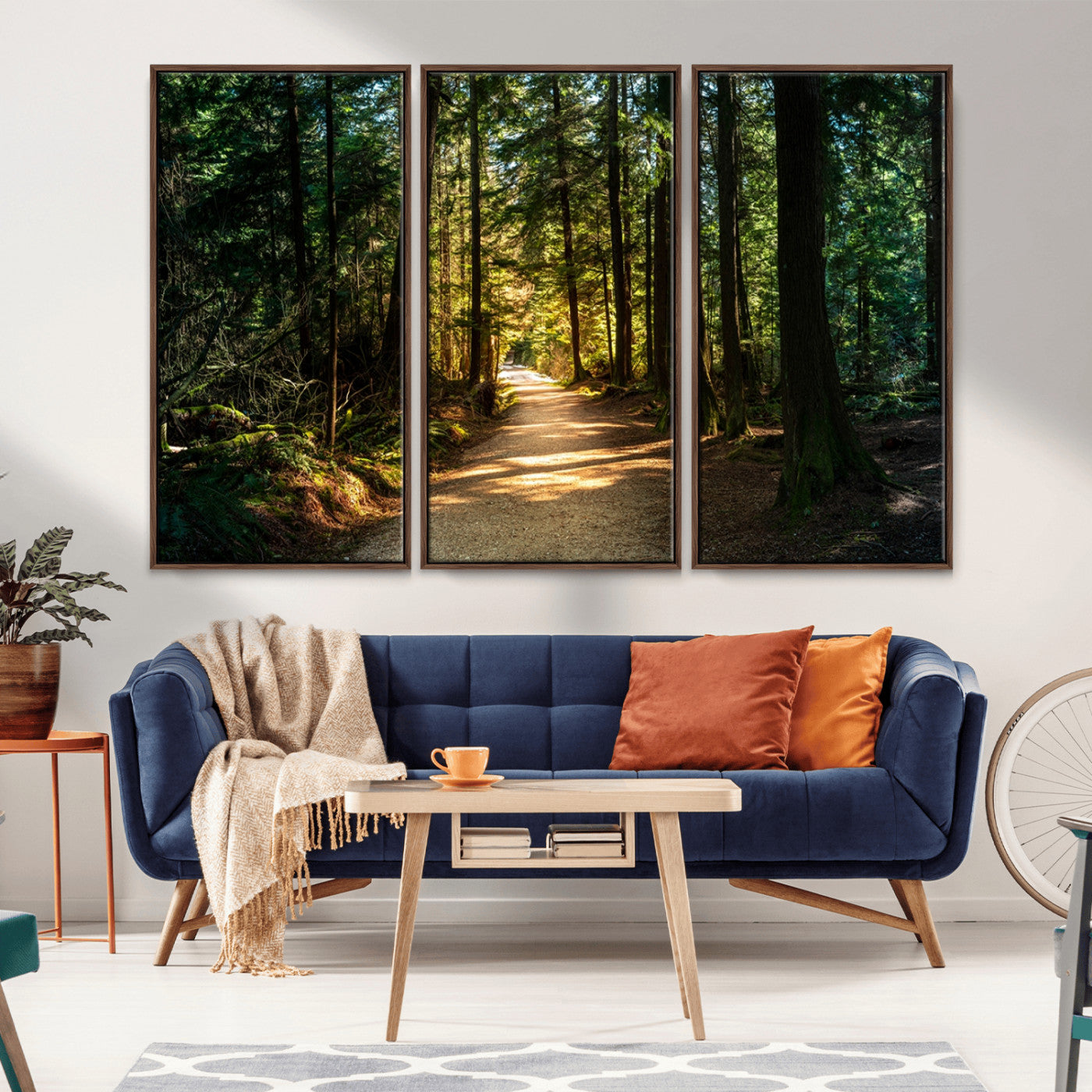 MGV-FC-48X32-3P - Sunlit Forest Pathway Canvas Print | 3 Panel Large Nature Wall Art for Living Room, Office, or