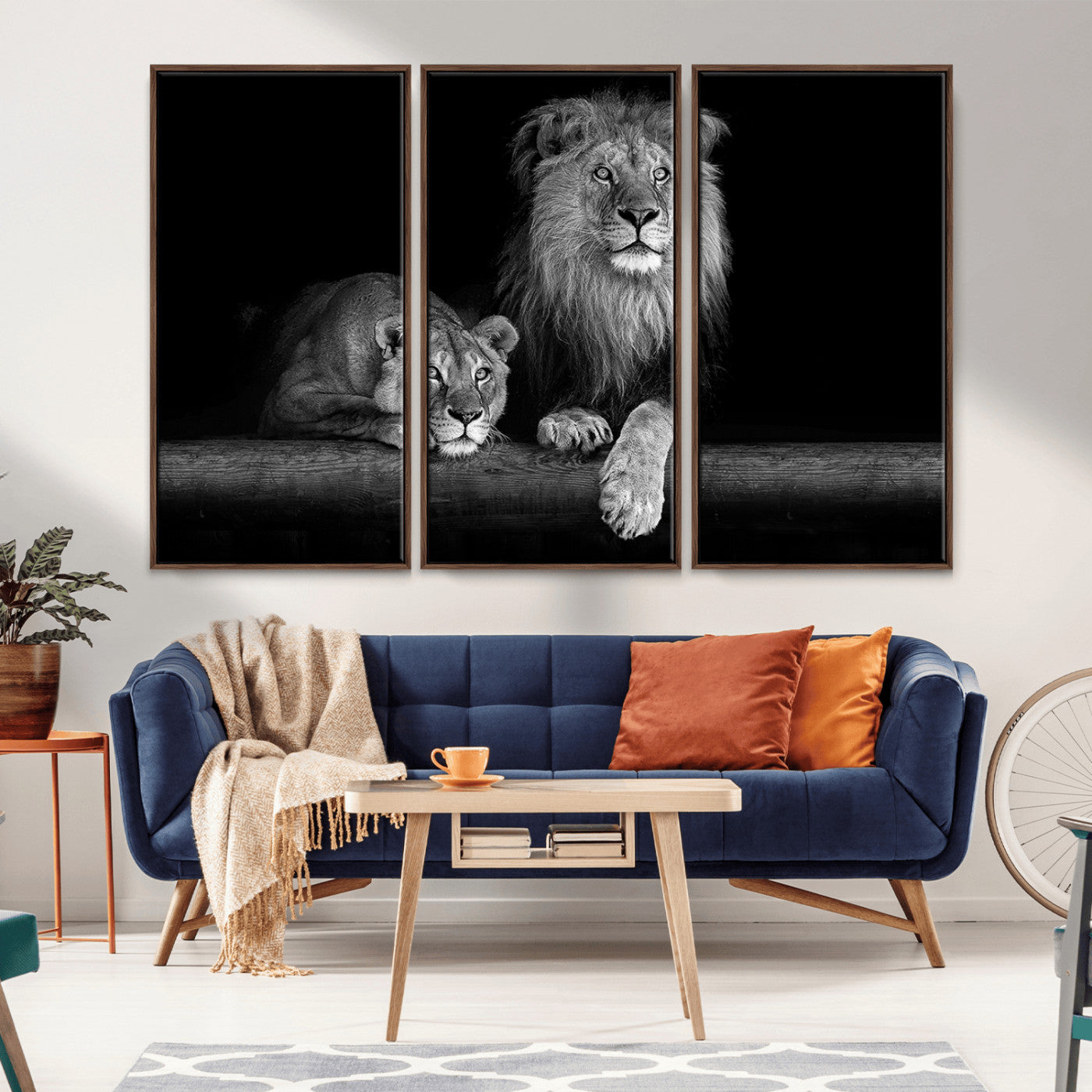 MGV-FC-48X32-3P - Large Black and White Lion Couple Wall Art Canvas Print