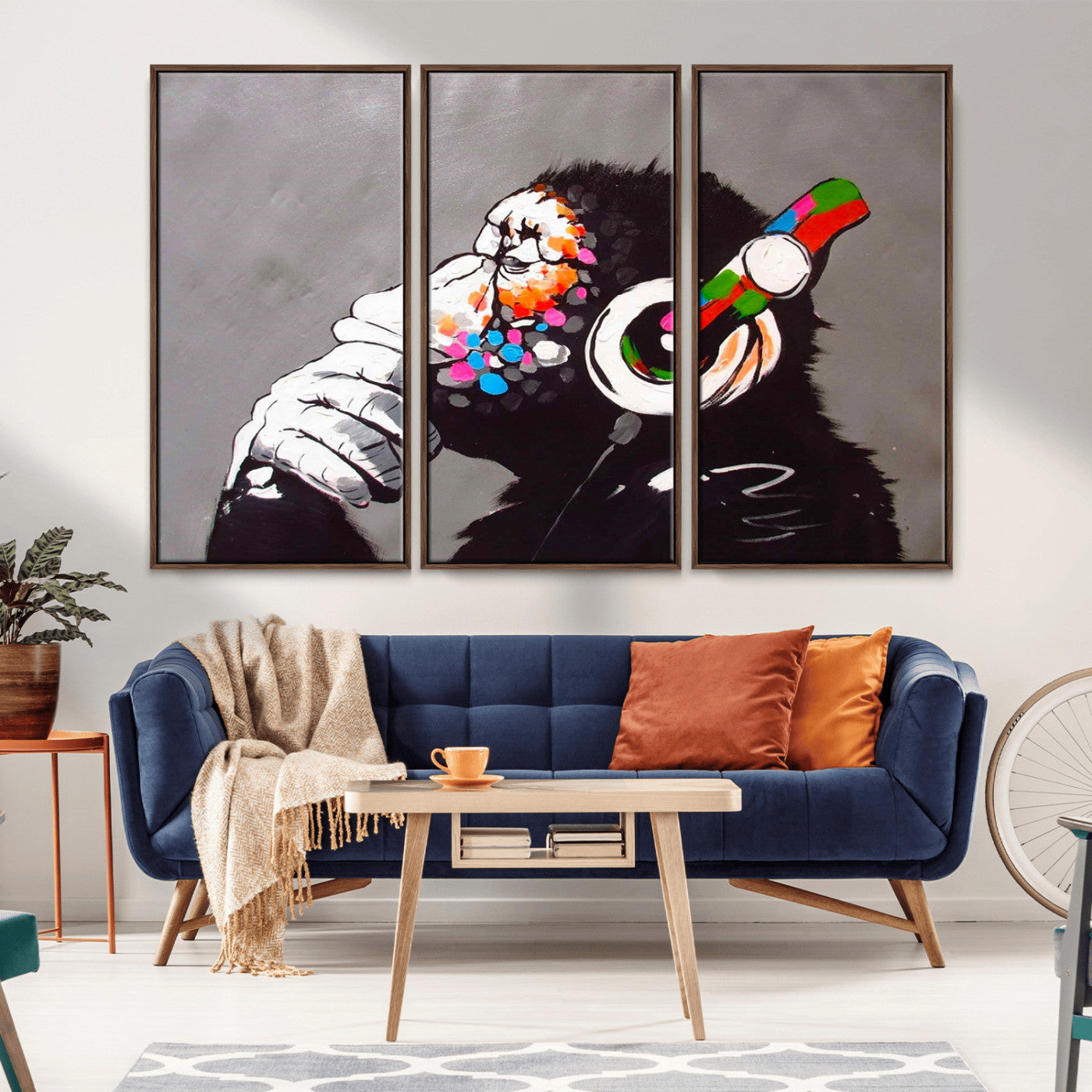 MGV-FC-48X32-3P - Dj Monkey Listening to Music Wall Art Print | Banksy Monkey Large Canvas Print for Living Room,
