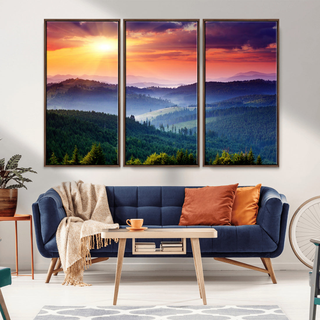 Sunset over Mountain Canvas Print, Forest Canvas Wall Art | Triptych Nature Landscape