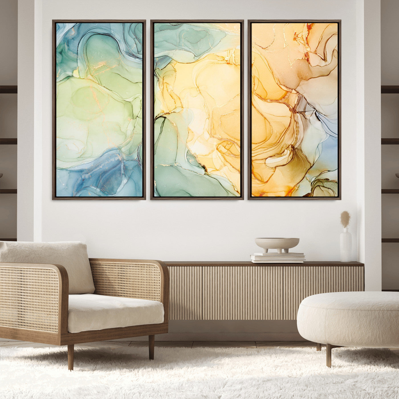 42195-MGV-FC-60X40-3P_Walnut-Green and Yellow Marble Fluid Effect Wall Art, Green and Yellow Marble Canvas Wall Art Print