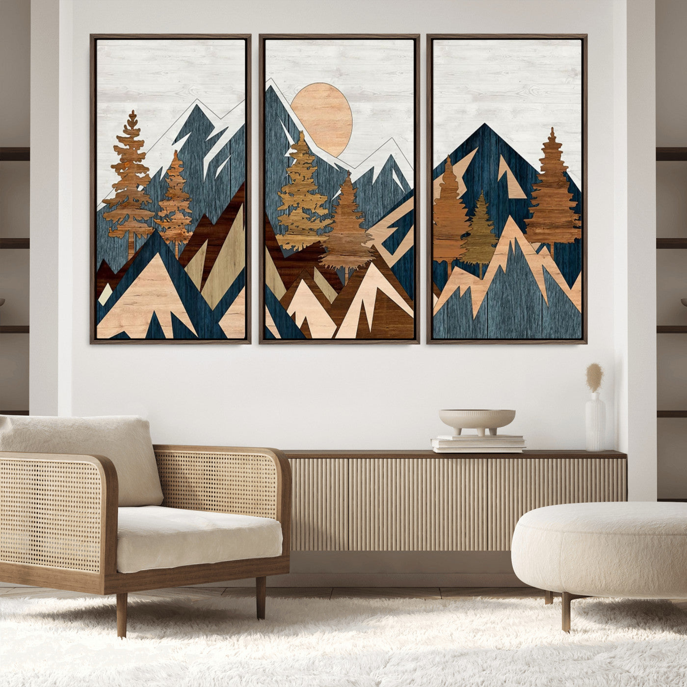 91467-MGV-FC-60X40-3P_Walnut-Abstract Wood Panel Effect Mountain Range Top Wall Art Canvas Print