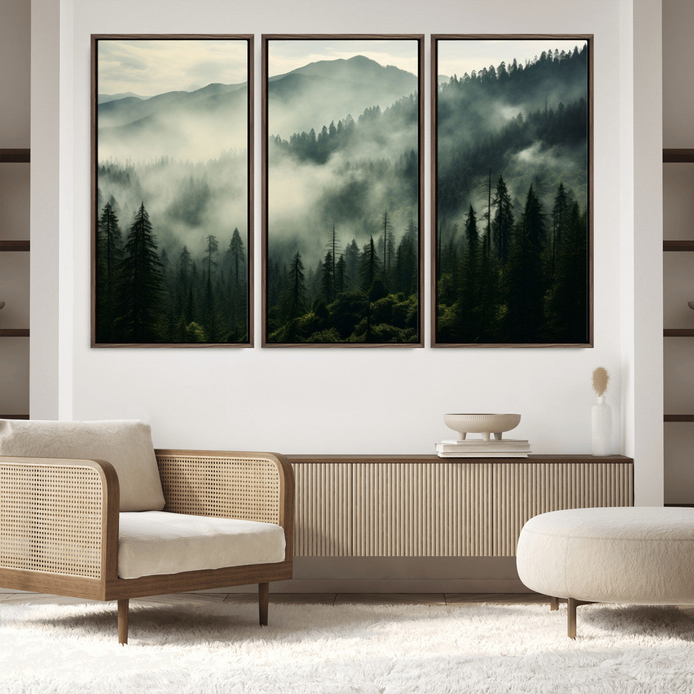 25295-MGV-FC-60X40-3P_Walnut-Captivating Misty Forest Wall Art Premium Canvas Print a Foggy and Serene Atmosphere